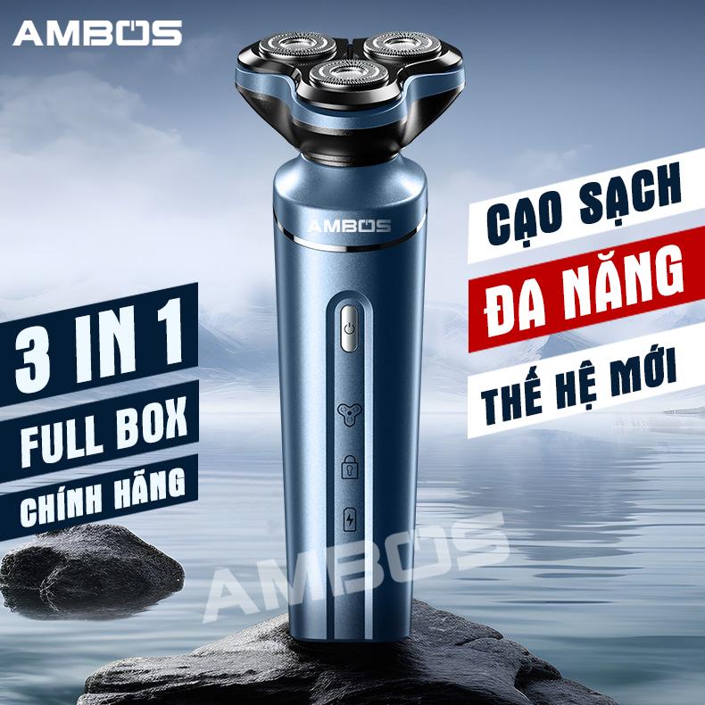 Máy cạo râu AMBOS X9 đa năng 3 trong 1 MỚI, cạo râu cắt tóc tỉa lông mũi, lưỡi kép 4D tự mài sắc, đầu cạo đàn hồi xoay đa hướng, pin trâu bền, bảo hành toàn quốc