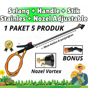 PAKET Penyemprot Pertanian Selang Pegangan Oranye Stik Stainless & Nozel Adjustable Bonus Nozel Vortex 100% Aksesori Konektor Terbaik untuk penyemprot listrik pertanian, set lengkap selang, pegangan, boom penyemprot, dan nozel.