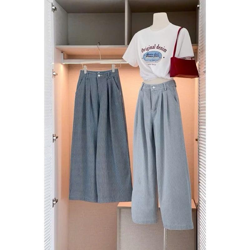 Quần jean giấy kẻ ống xuông cạp khoá ,Quần ống rộng bò mềm mát kẻ sọc