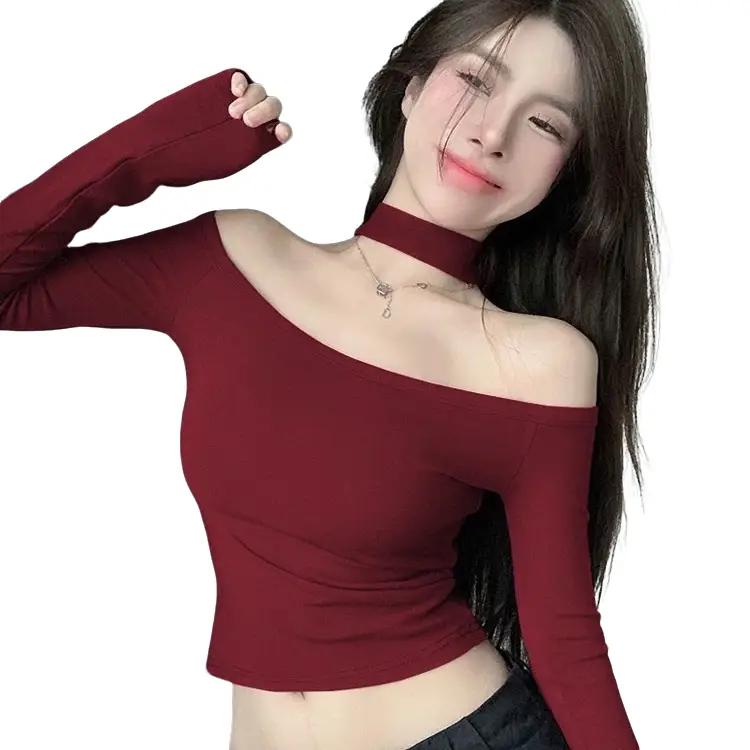 Áo kiểu trễ vai tay dài phối cổ cao sexy quyến rũ cho nữ Voi Top THUN GÂN