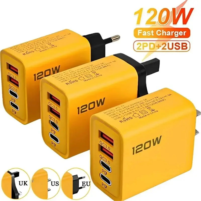 Bộ sạc Điện Thoại Di Động Sạc nhanh, 120W, 2 Type-C + 2 USB, Phích cắm EU / US / UK, Tương thích với Samsung, Xiaomi, Huawei, Thông Dụng, QC3.0, USB PD, Bộ Chuyển Đổi bộ sạc tường điện thoại
