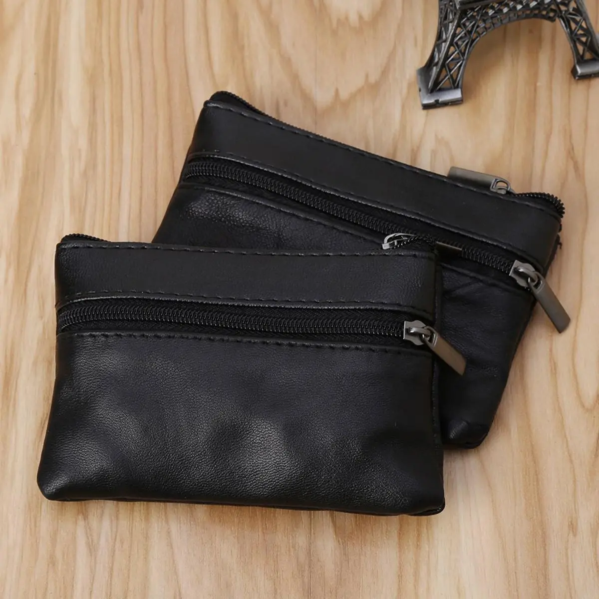 Black Coin Purse Headphone Bag Portable Zipper Leather Wallet Pocket Wallet