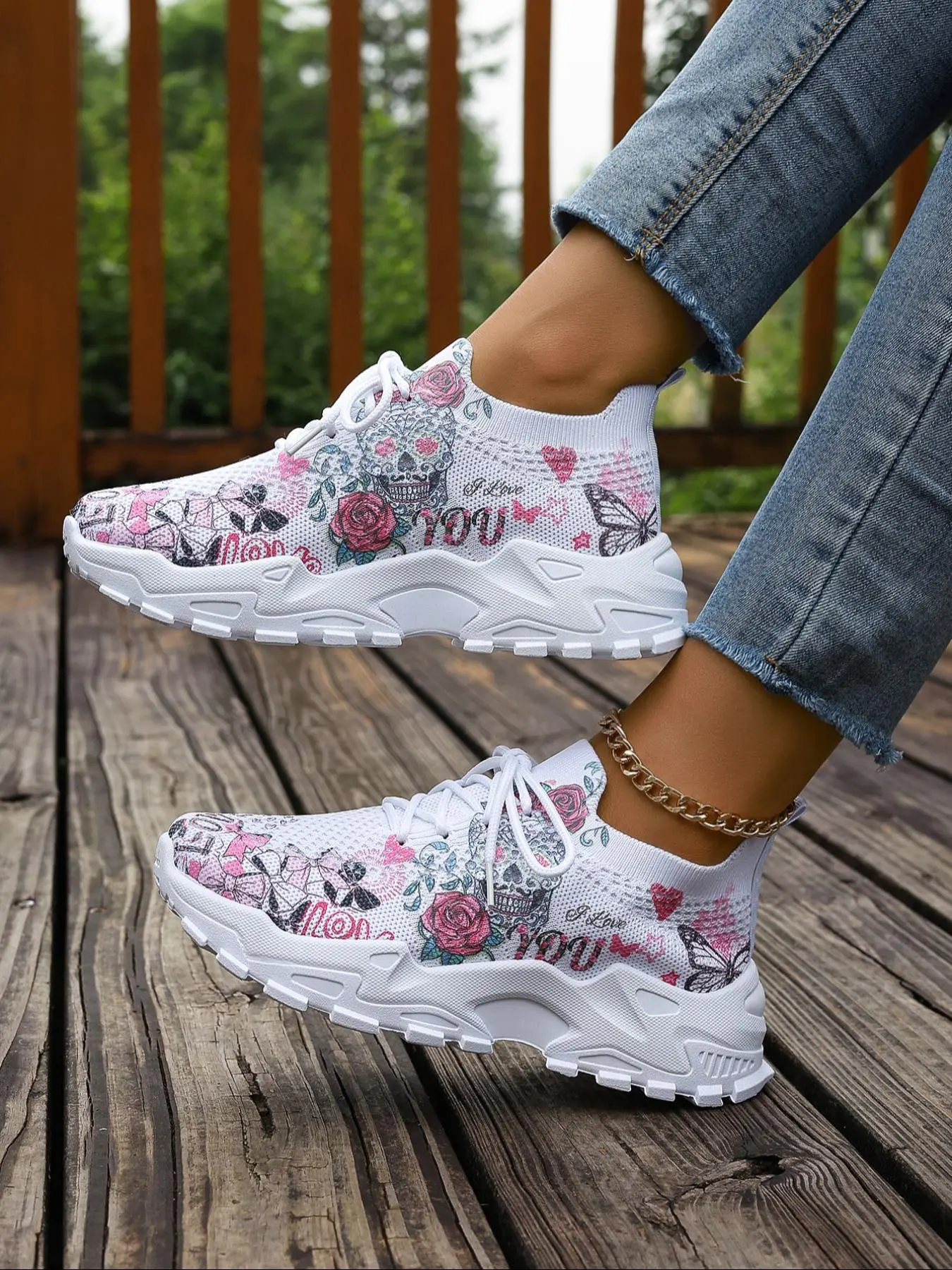 Women's Fashionable Floral Print Lace Up Low Top Sneakers, 2025 New Style Casual Comfortable Breathable Sports Running Shoes, All-match Basic Shoes for Daily Wear