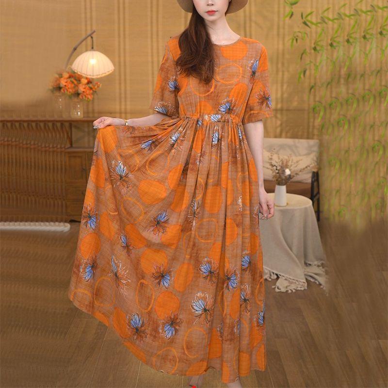 Artistic Retro Cotton Linen Printed Short Sleeve Dress Summer New Waist  Slimming Large Hem Long Dress