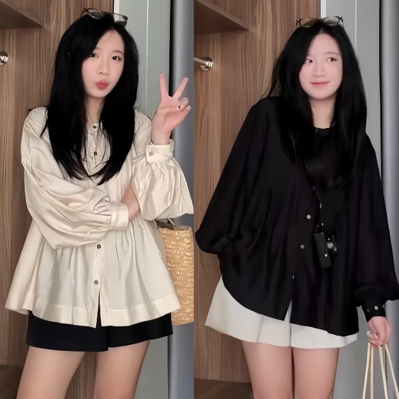 Set Áo sơ mi nữ Women đũi tay dài bồng kèm quần short ống rộng Halinh Top M210