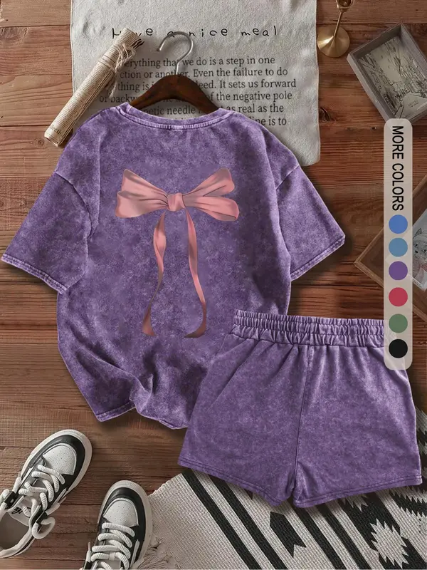 Two-Piece Set Women's Bow Print Tee & Shorts, Casual Short Sleeve T-shirt & Skinny Shorts, Ladies Summer Clothes for Daily Wear 3