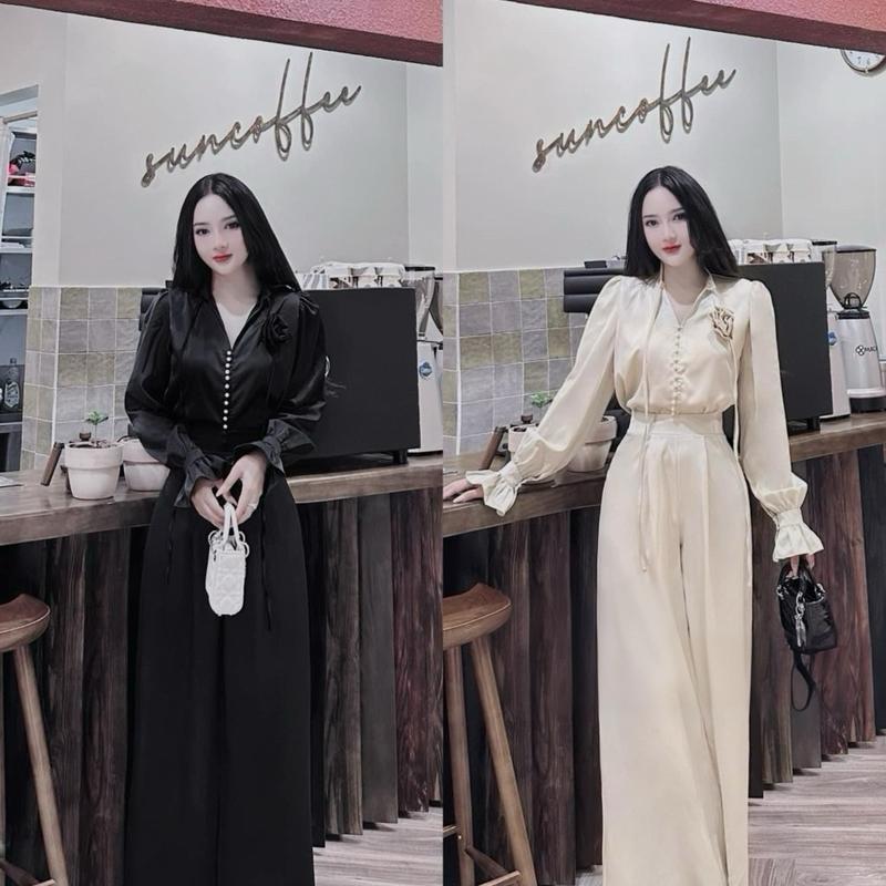 Sét xinh chị em mình diện nè đi chơi caffe đi biển dạo mát đi chơi đều siêu xinh luôn áo với chất liệu tuyết Nhung đính cườm kèm bông cao cấp quần ống rộng chất vải tuyết Nhung xịn xò luôn nè Nữ Women Kem Top Đen