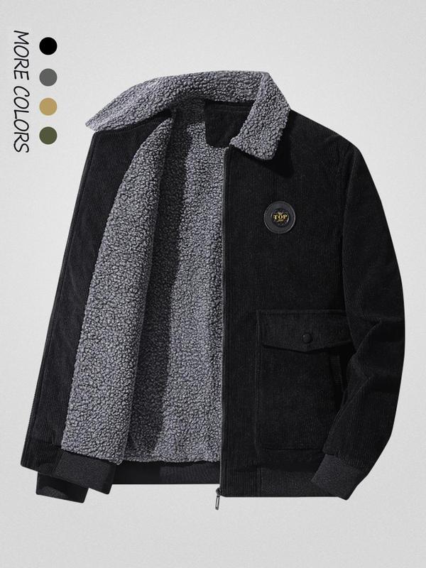 Men's Regular Fit Solid Patched Pocket Fleece Jacket, Casual Long Sleeve Zip Up Outerwear for Winter, Men's Clothes for Daily Wear 6