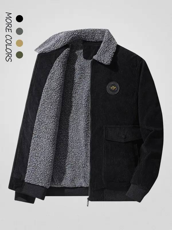 Men's Regular Fit Solid Patched Pocket Fleece Jacket, Casual Long Sleeve Zip Up Outerwear for Winter, Men's Clothes for Daily Wear 6