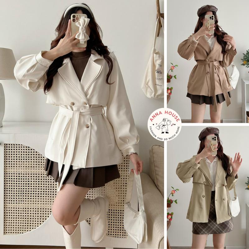 Áo Khoác Mangto Hai Lớp dáng lửng dáng ngắn croptop Măng Tô Đai Eo Áo Khoác Dáng Ngắn dài Cổ Vest 2 lớp form rộng đai eo