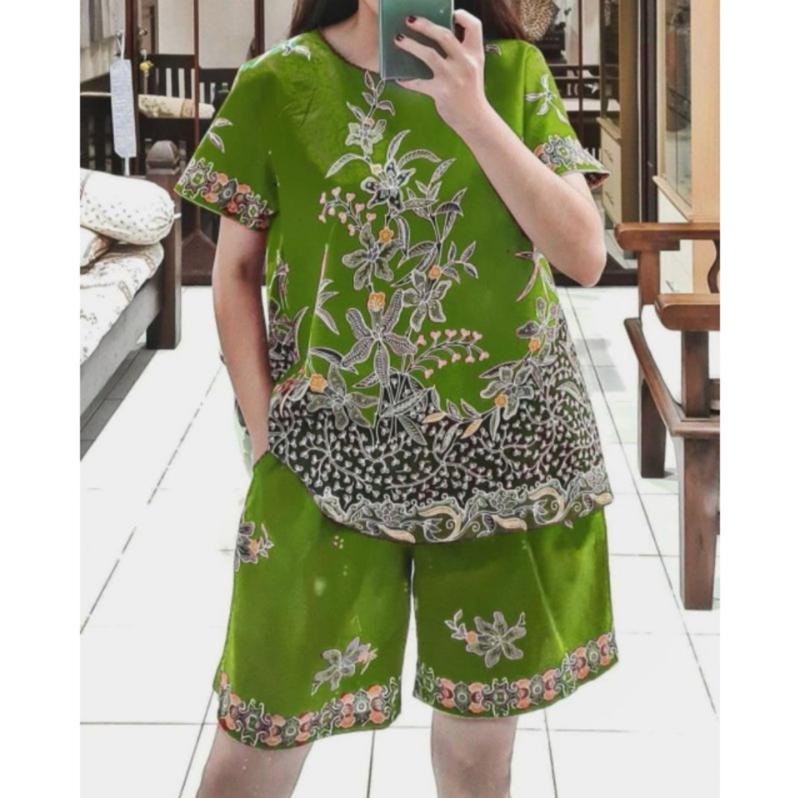 Setelan batik wanita Bahan Katun Primis halus premium Warna Hitam Baju Batik Imlek wanita Mewah Lengan pendek 8