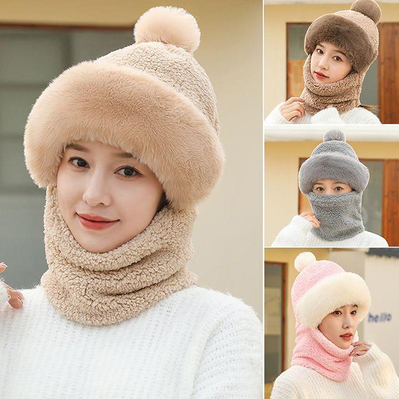 Bộ Khăn Quàng Quàng Cổ Mùa Đông, Mũ Trùm Đầu Cho Nữ, Cổ Nhồi Bông Ấm Áp, Mũ Chống Gió Trượt Tuyết, Mũ Len Lông Mịn Nhồi Bông Dày Dặn