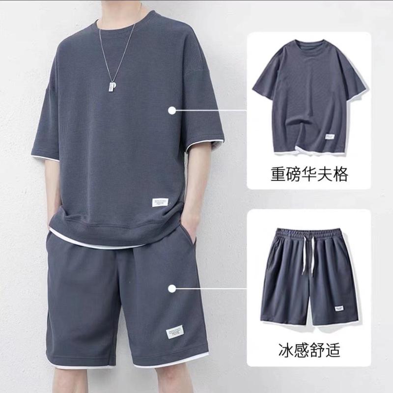 Bộ Đồ Thường Ngày Phong Cách Bánh Quế, Dành Cho Nam Giới, Áo Phông ngắn Tay Áo Lụa Lạnh Mùa Hè, Quần Đùi Ngắn Tay Dáng Rộng Vừa Vặn, Bộ Đồ 1 / 2 Mảnh 1