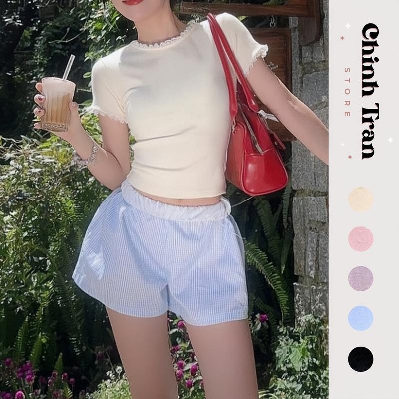 Áo Thun Nữ Phối Viền Ren Form Ôm Body Basic Dễ Thương