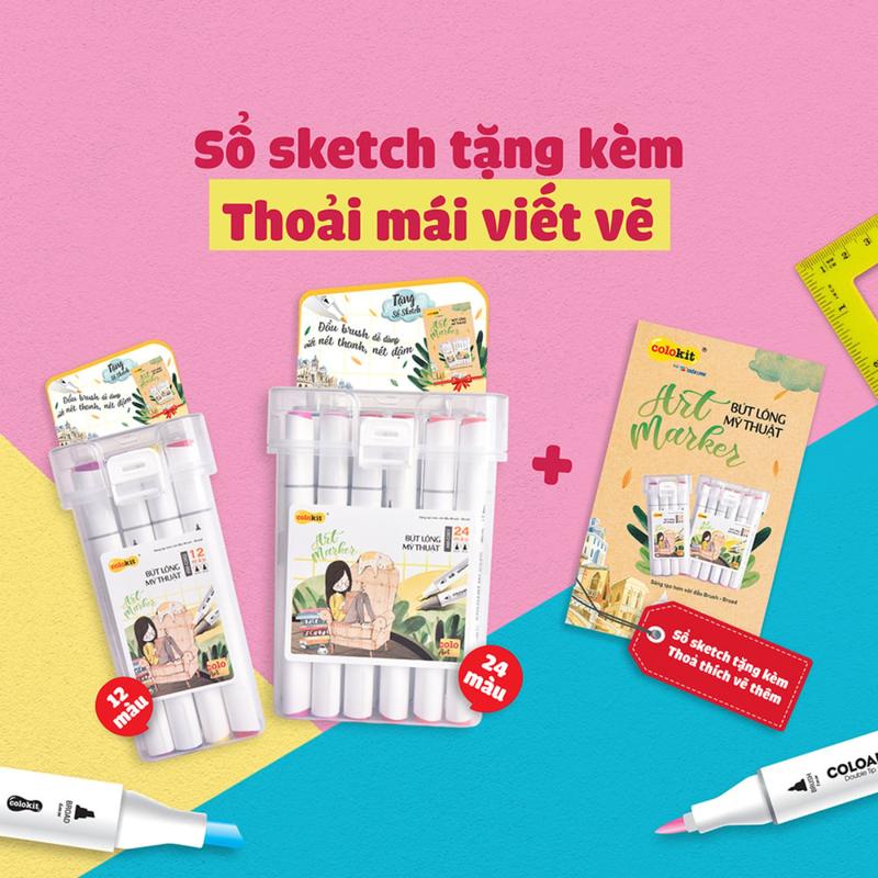 [Có Quà Tặng Kèm]Bút màu dạ Art Marker Thiên Long Colokit - Bộ 12/24 màu- Bút màu dạ 2 đầu siêu đẹp dùng cho caligraphy
