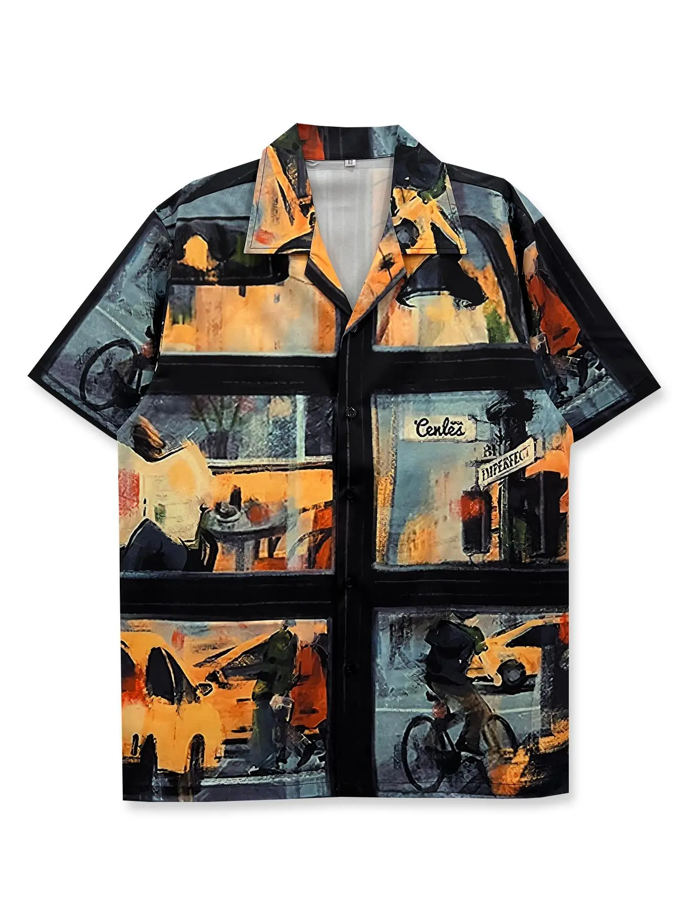Men's City Scene Print Short Sleeve Shirt, Regular Fit Casual Orange Print Button Front Top for Summer, Men's Clothes for Daily Wear