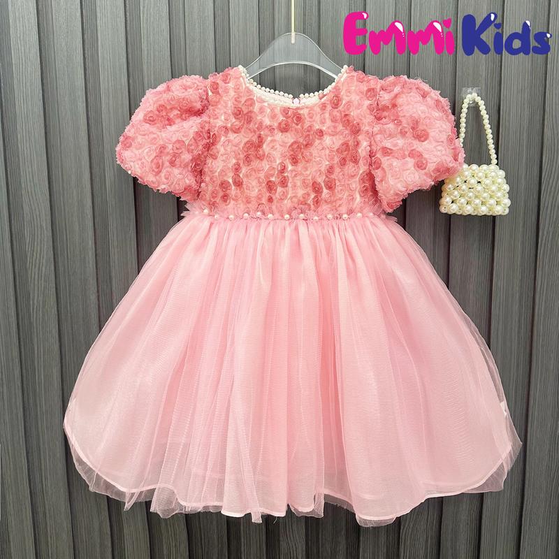 B77- Emmi Kids Váy công chúa cho bé gái, Đầm dự tiệc trẻ em, chất liệu ren 3D hoa hồng (10-34kg)