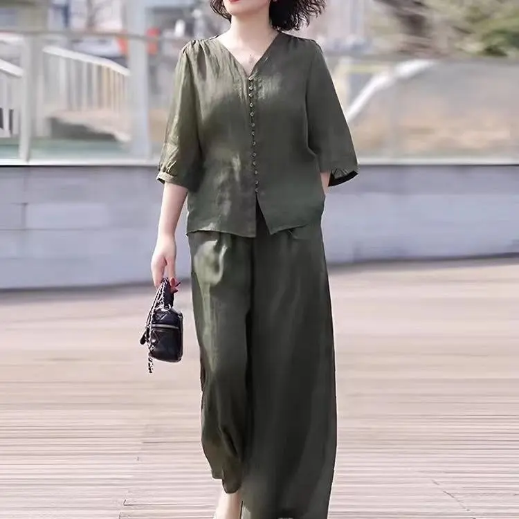 Bộ Đồ Vải Lanh Và Cotton, Bộ Sưu Tập Mới Cho Mẹ TRUNG NIÊN, Thời Trang Thường Ngày Hàng Mới Về Mùa Hè, Áo Vải Lanh Và Quần Ống Rộng, Phong Cách Trung Quốc Mới, Bộ Đồ Hai Mảnh, 2024