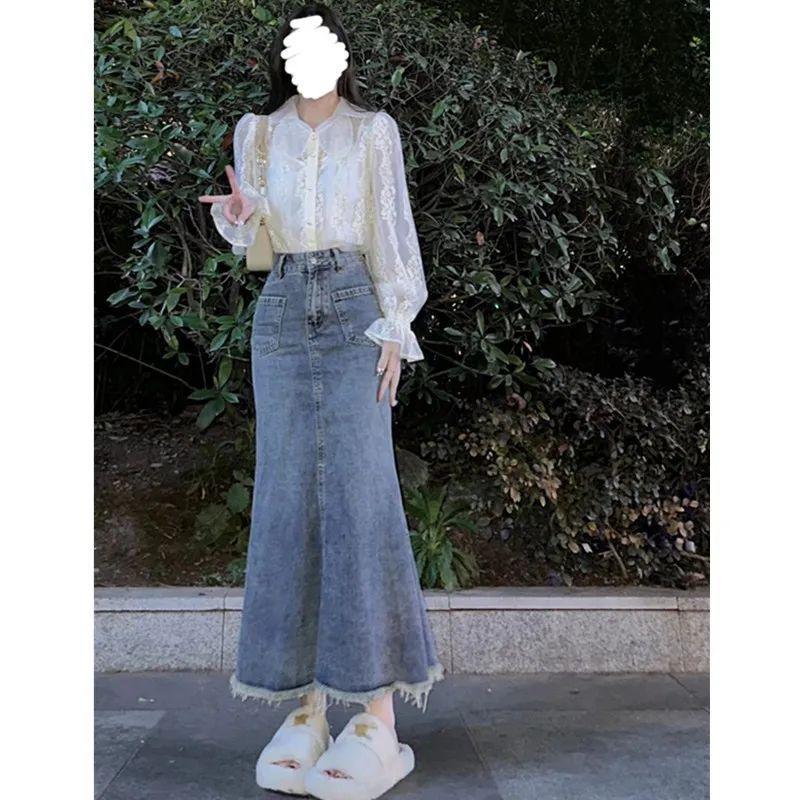 Váy denim Xanh Biển cổ điển dành cho phụ nữ, áo sơ mi, trang phục giản dị, che hông, quần áo mùa xuân, eo cao mới, váy đuôi cá đa năng thanh lịch 3