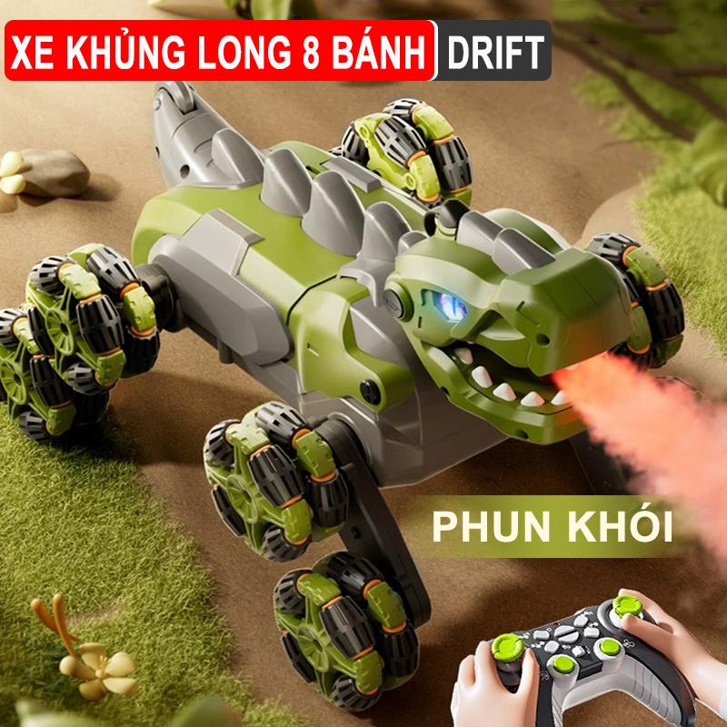 Xe Robot Khủng Long Phun Khói 8 bánh xe điều khiển từ xa sử dụng pin sạc có hiệu ứng âm thanh đèn led. Đồ chơi xe oto điều khiển từ xa Toy