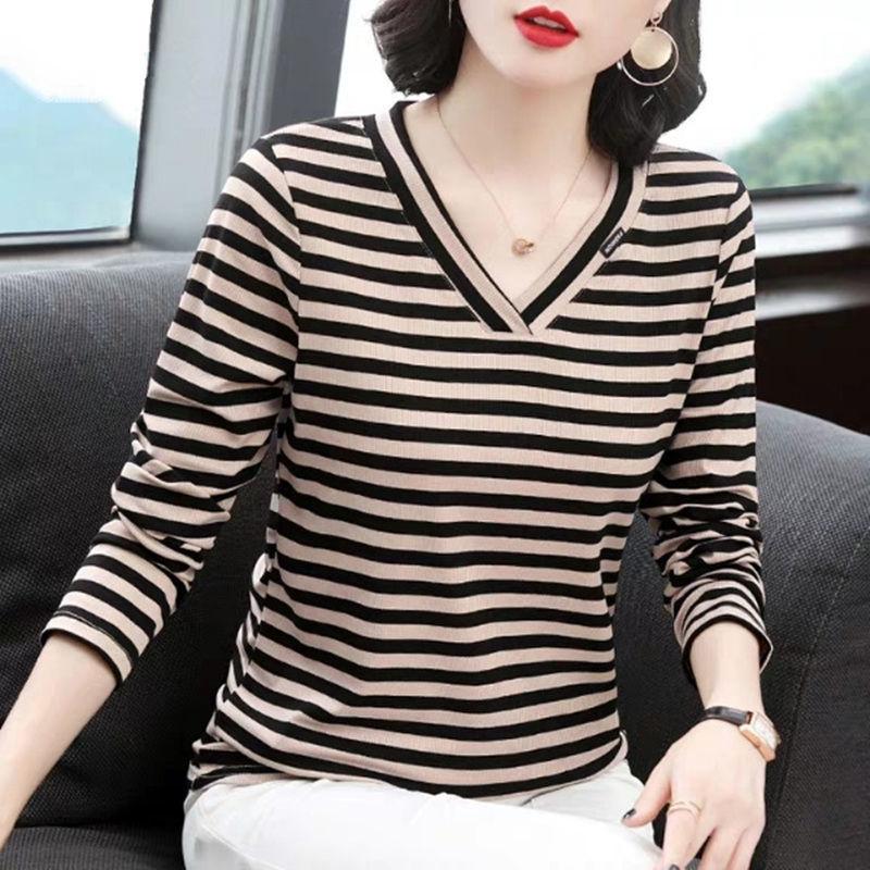 Product Introduction of Áo Phông nữ, Dài Tay, Dáng Rộng Vừa Vặn, Cổ Chữ V, Sọc, Áo Lớp Nền, Áo Cho Mẹ 6