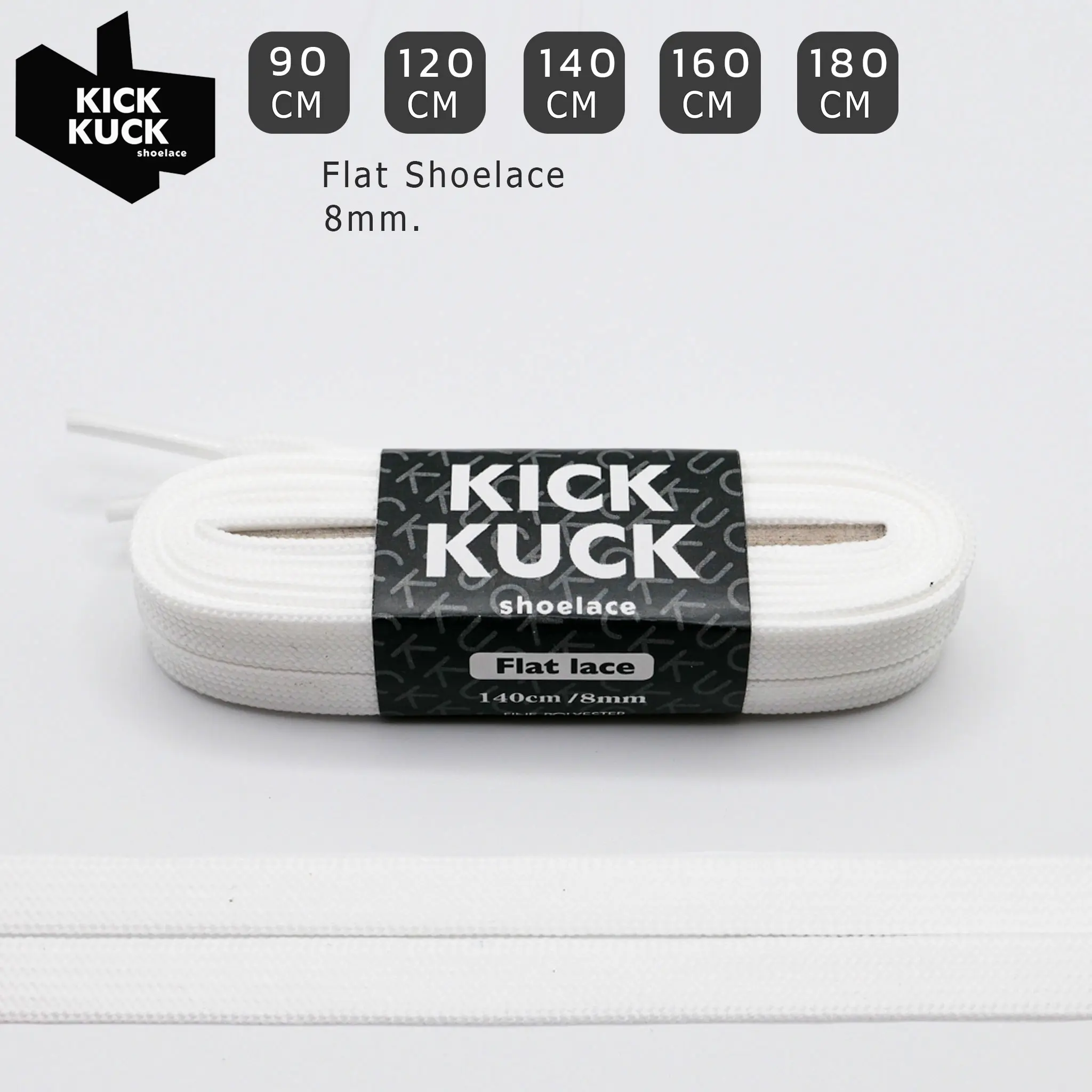 (หนา2ชั้น ไม่บาง) KICKKUCK (คิกคัก) เชือกรองเท้าสีขาว (white) (แบบแบน)FLAT ความยาว 90.120.140.160.180cm. เสปคเดียวกับแบรนด์