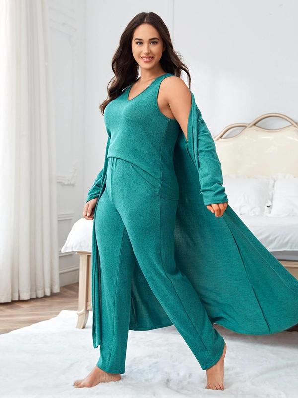 Plus Size Solid V Neck Tank Top & Elastic Waist Pants & Open Front Lounge Robe Set, Casual Comfy Sleepwear Set, Womens Clothes, Women's Sleepwear for All Seasons Valentine's Day, gift, Pajamas 3