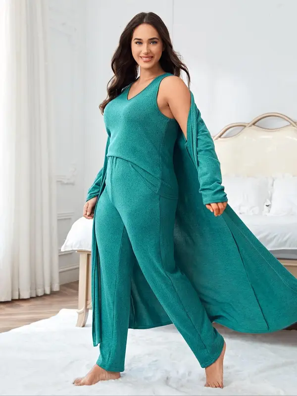Plus Size Solid V Neck Tank Top & Elastic Waist Pants & Open Front Lounge Robe Set, Casual Comfy Sleepwear Set, Womens Clothes, Women's Sleepwear for All Seasons Valentine's Day, gift, Pajamas 3