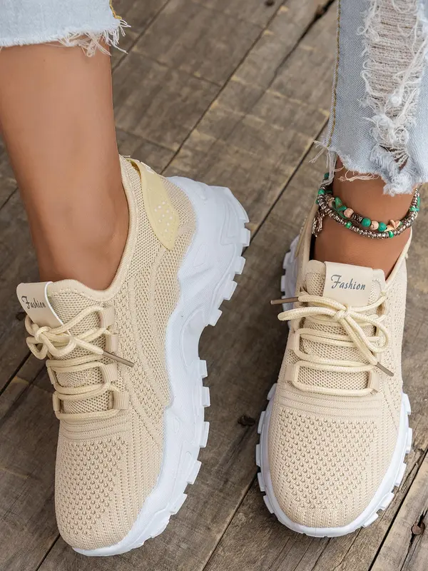 Women's Solid Color Lace Up Mesh Breathable Lightweight Running Shoes, Casual Comfortable Sports Shoes, All-match Round Toe Walking Shoes for Daily Wear 2
