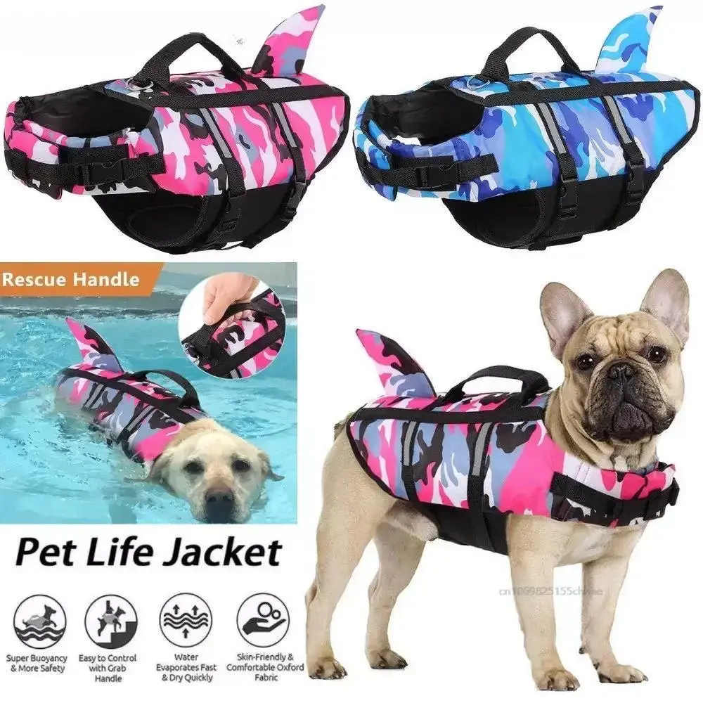 Pet Dog Life Jacket Vest Clothes Reflective Life Vest Collar Harness Dog Swimming Summer Swimwear Clothes Camouflage Shark Blue