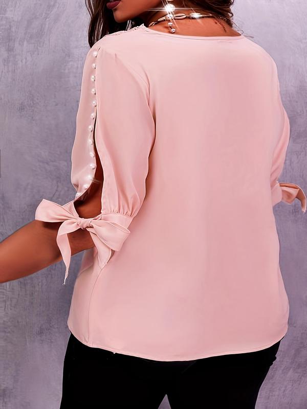 Plus Size Faux Pearl Decor Bow Decor Split Sleeve Blouse, Elegant V Neck Cut Out Half Sleeve Top for Women, Women Plus Size Clothing for All Seasons 1