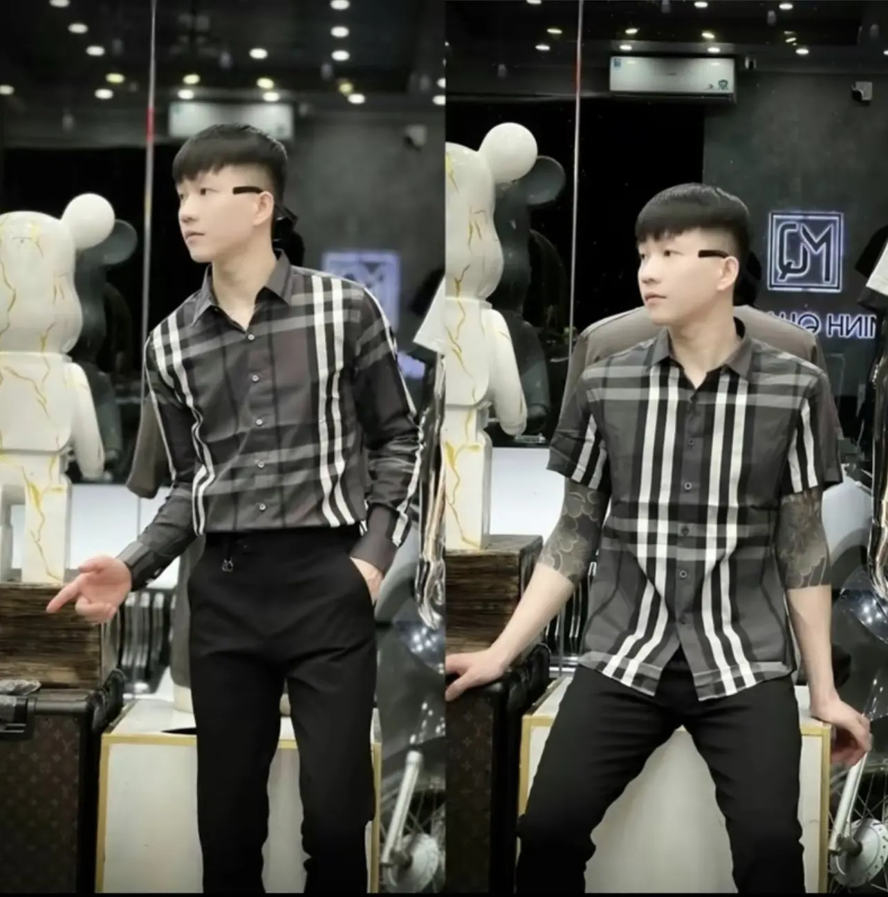 Áo sơ mi nam tay ngắn phối sọc caro chất cotton hàng trend mới nhất-QUÂN MENSWAER Có Cổ Menswear Shirt