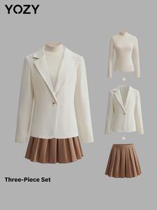 YOZY Women's Solid Color Long Sleeve Blazer & Long Sleeve Top & Skirt Set, Elegant Fashion Casual Three-piece Outfits for Work Office Business, Ladies Spring & Fall Clothes