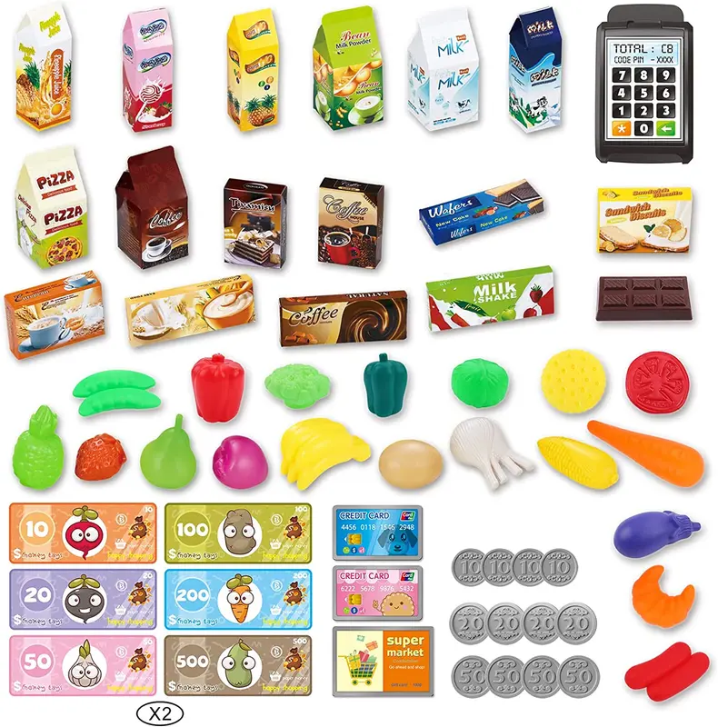 deAO Kids Shopping Cart Toy - Easy Assemble Supermarket Playset with Groceries, POS Machine, Plastic Money & Credit Cards, Educational Role Play for Ages 3+ 5