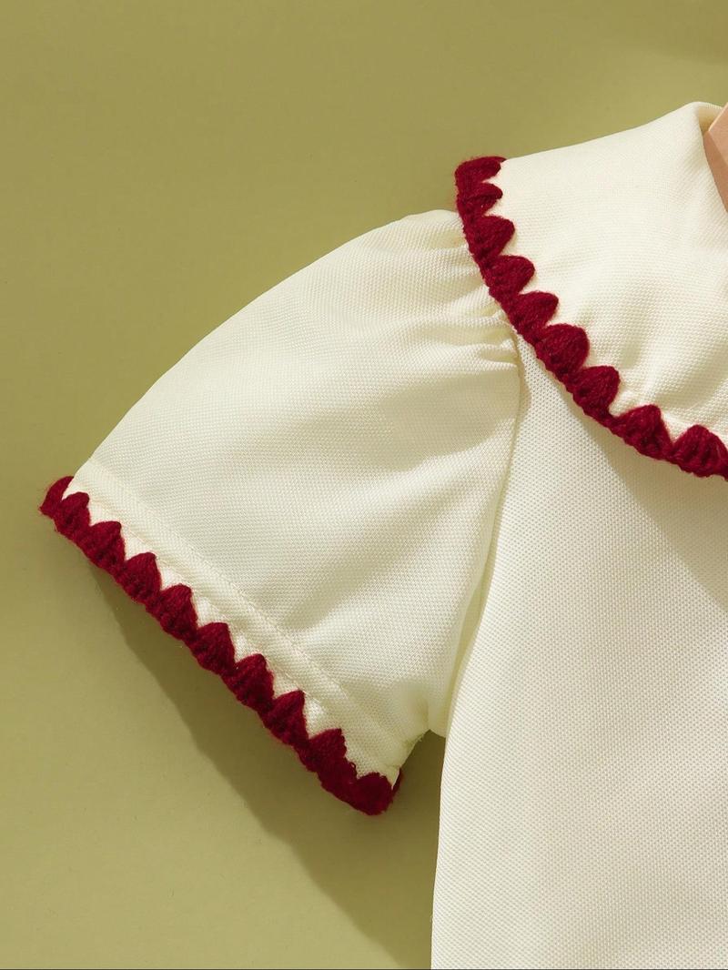 Product Introduction of Baby Girl's Strawberry Embroidery Patched Collar Top & Frill Trim Plicated Skirt Set, Cute Short Sleeve Buttons Blouse & Elastic Waist Skirt, Newborn Infant Kids Summer Clothes 5