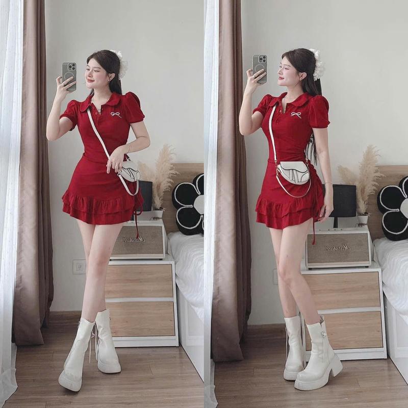  Đầm Ôm Body Borip Tici Cổ Polo Cài Nút Thêu Nơ Tay Ngắn Chân Váy Phối Tầng Bèo Sang Chảnh Nữ Tính Dịu Dàng Thanh Lịch Sang Trọng Dễ Thương Women Dress Voan Màu Trắng Voi Đỏ 