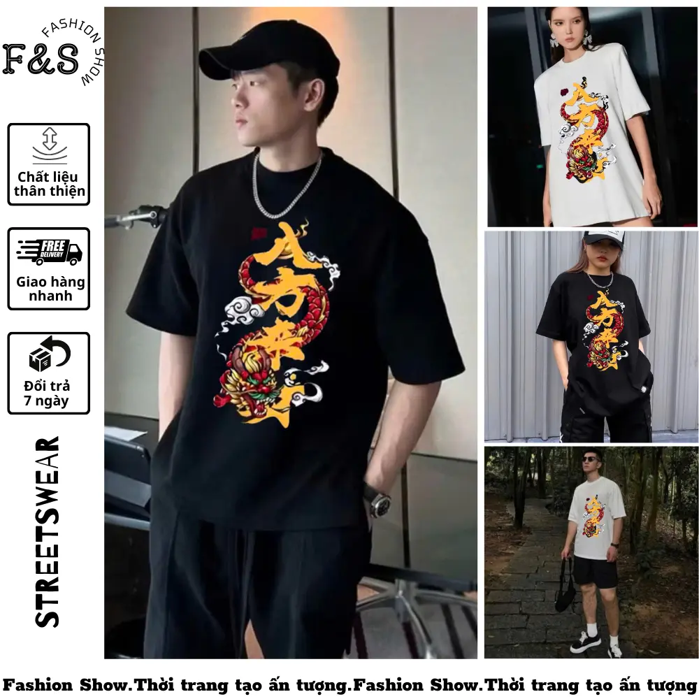 Áo thun unisex from rộng in RỒNG TẾT- Áo phông F&S nam nữ tay lỡ dành cho các cặp đôi trẻ trung, vải thun dày dặn Menswear Cổ Tròn Trắng Top Women