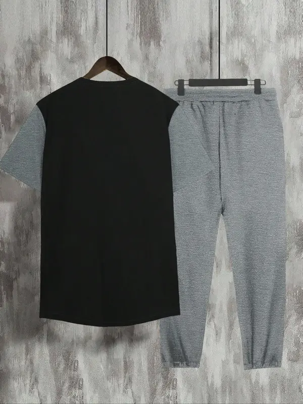 Two-Piece Set Men's Colorblock Print Round Neck Tee & Drawstring Waist Pants, Regular Fit Short Sleeve T-shirt & Pocket Trousers, Men's Clothes for Daily Wear, Menswear 6
