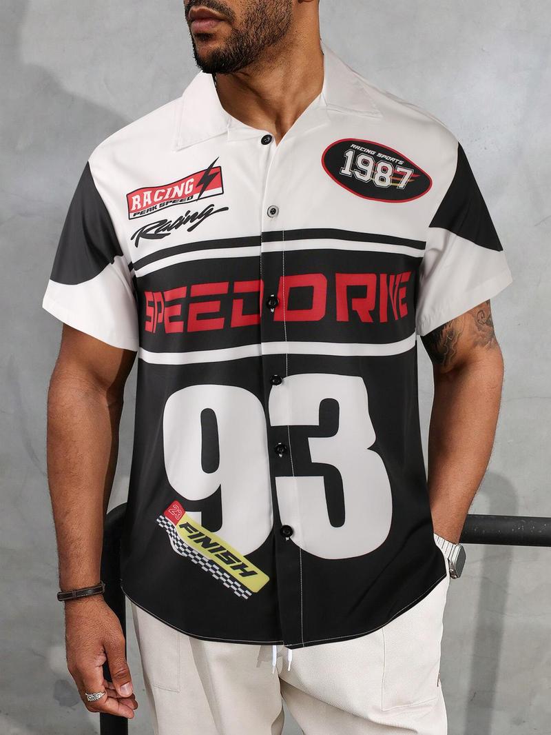 Product Introduction of Men's Regular Fit Colorblock & Number Print Short Sleeve Shirt, Casual Racing Print Open Front Top for Spring & Fall, Fashion Men's Clothes for Daily Wear 3
