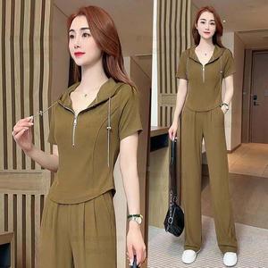 Casual Sport Two Piece Suit Women Short Sleeve Korean Style New Version Foreign Flavour Temperament age reduction Wide Leg Pants Fashion Showing Slim Ladies Sets Trendy