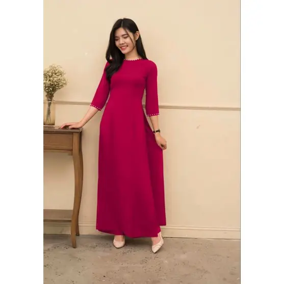 Sale_áo dài cổ tròn lụa mỹ màu đỏ_có bigsize