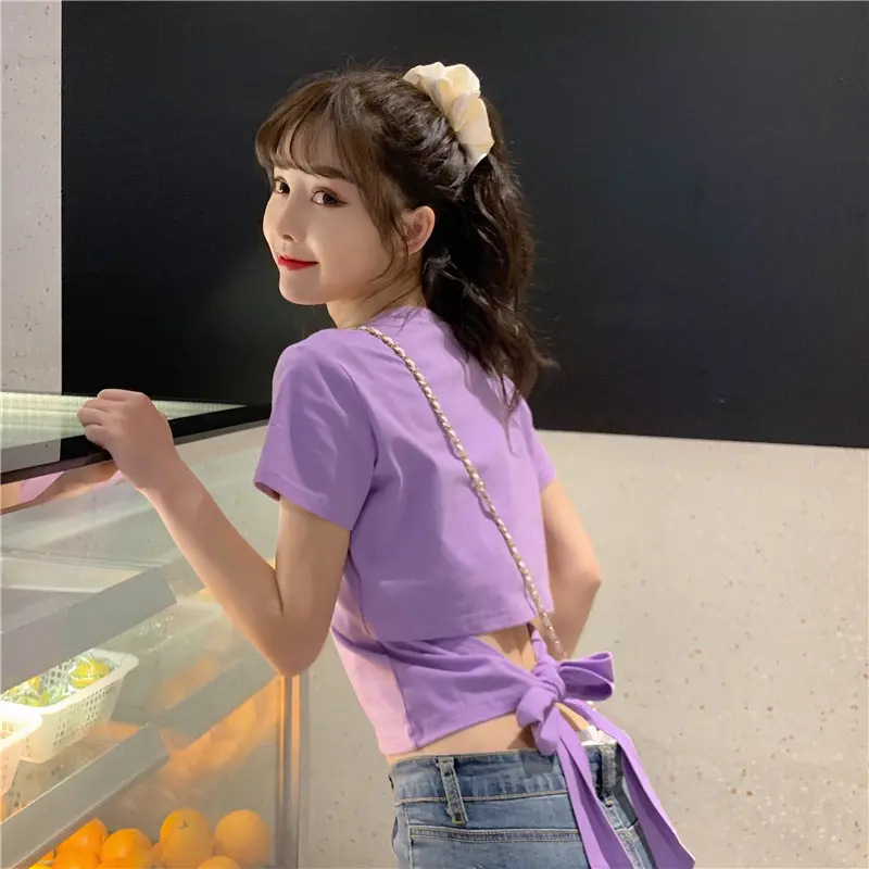 Short Sleeve T-Shirt for Women Summer Hot Girl Backless Bowknot Crop Top loose  baby  tee