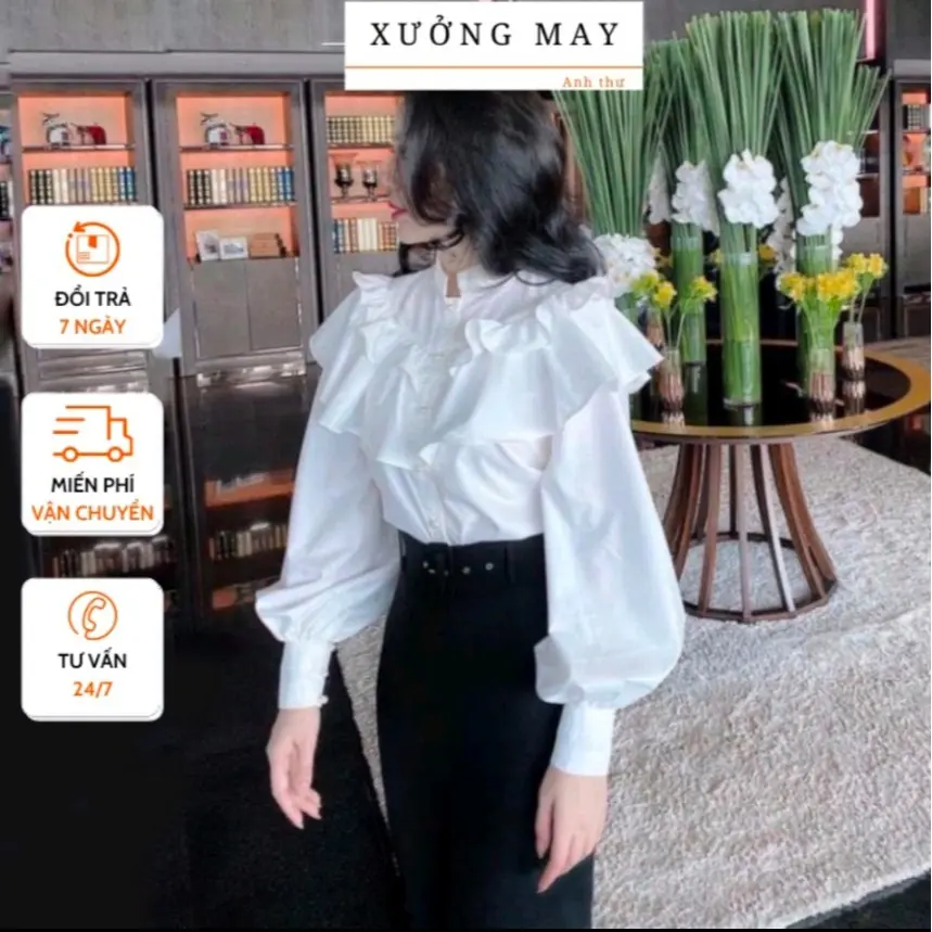 Áo Sơ Mi Nút Ngọc Bèo Tầng Cổ Trụ   .Mã 496 Top Nữ