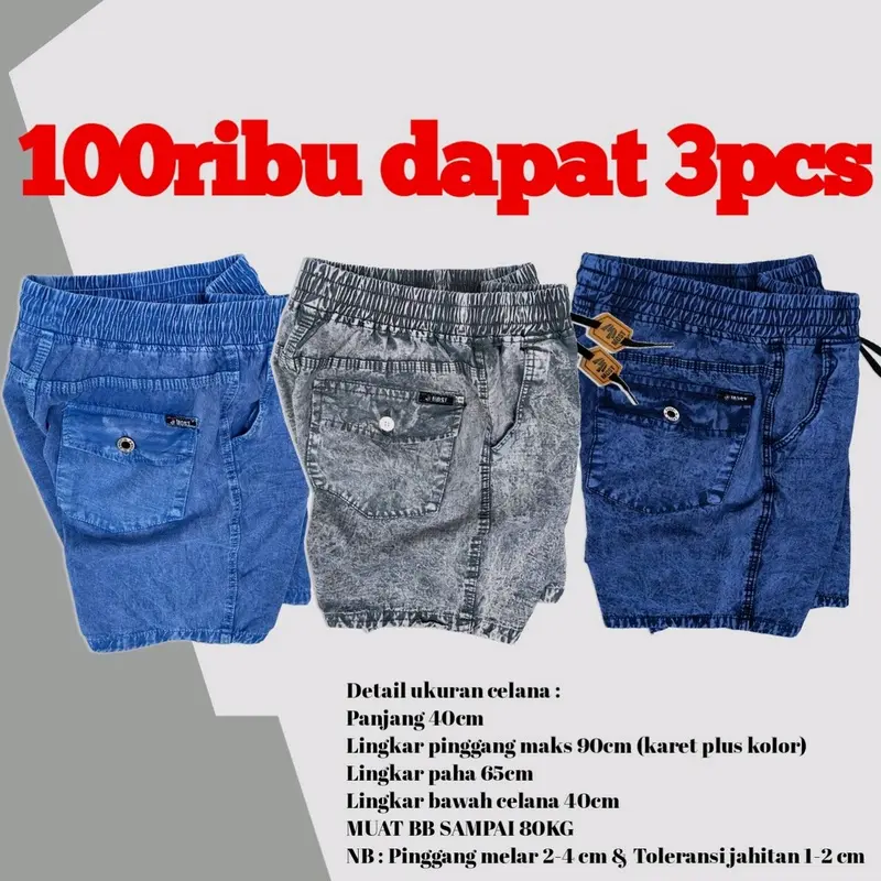 100rb Dapat 3 Celana Broadshot Jeans Pendek Pria Robek Snow Polos 0