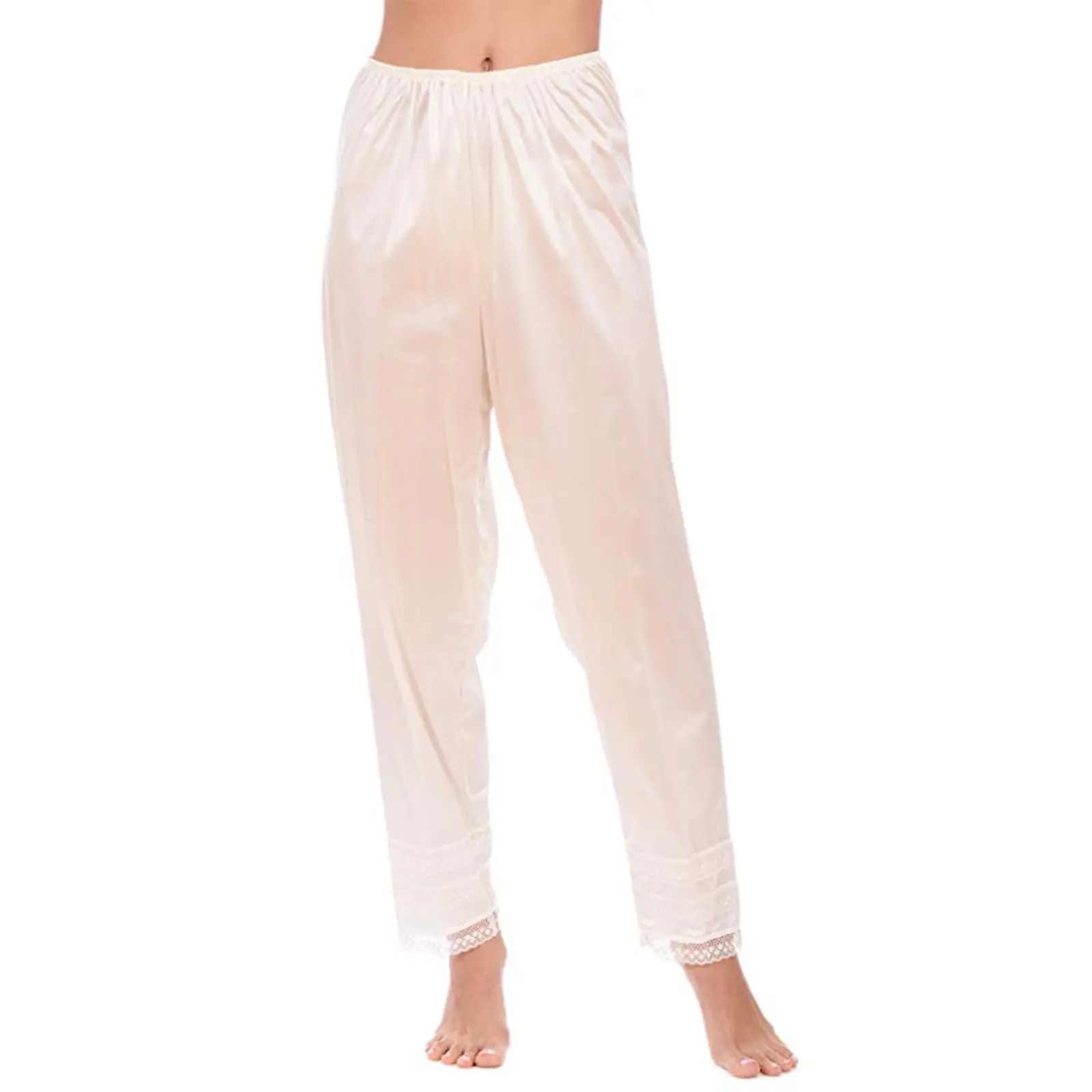 Female Pyjama Trousers, Solid Color Lace Trim High Elastic Waist Long Pants Nightwear for Women, S/M/L/XL/XXL