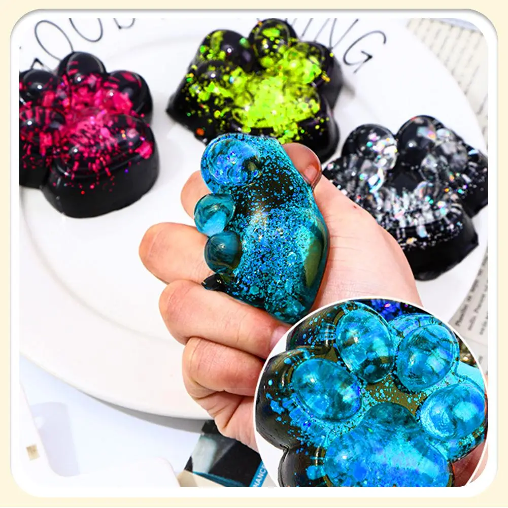 Dark Series Sequin Squishy Cat Foot Fidget Toy Slow Rebound Stress Relief Toy Funny Pinch Decompression Cat Paw Soft Squeeze Toy