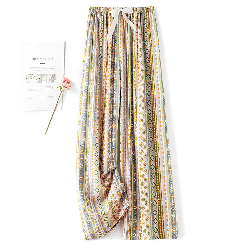Cotton silk pajama pants for women in summer, thin style, artificial cotton wide leg pants, suitable for outdoor wear in spring and autumn. Loose fitting home air-conditioned cropped pants
