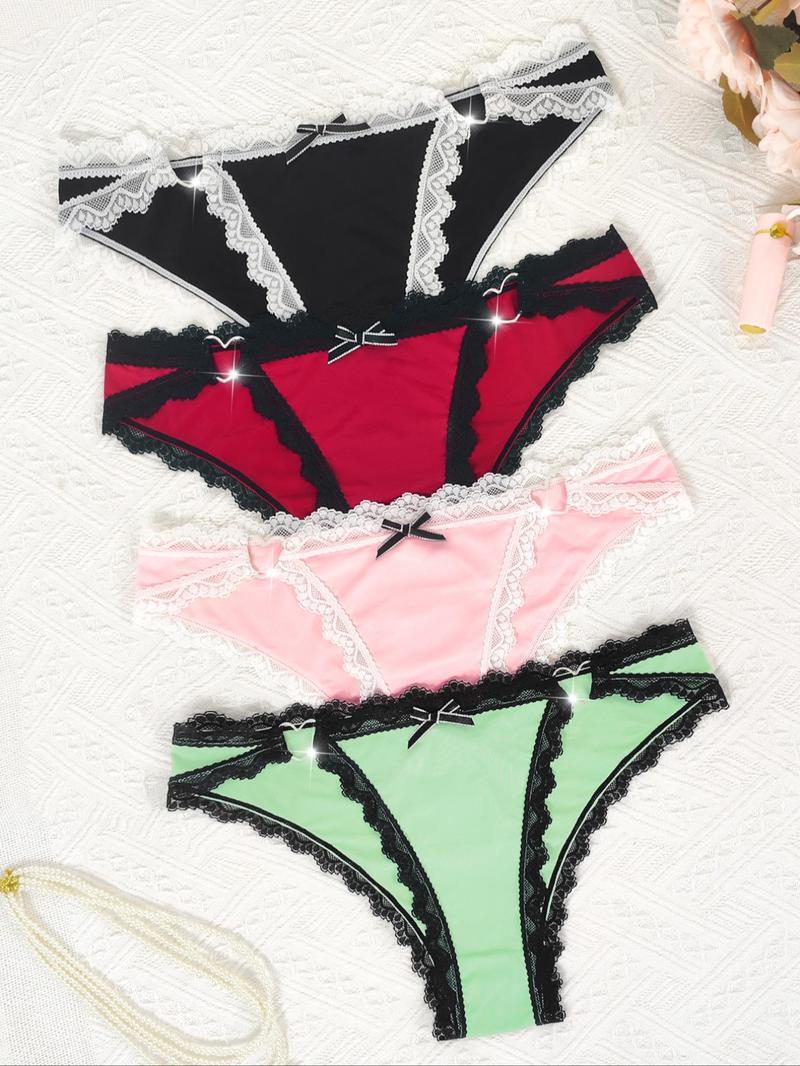 Product Introduction of Women's Colorblock Contrast Lace Bow Front Panty, Soft Comfy Breathable Heart Decor Thongs for Daily Wear, Ladies Underwear for All Seasons 12