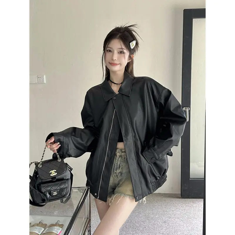 Áo Khoác Da, Phong Cách Mỹ Cổ Điển Màu Cà Phê, Dành Cho Nữ, Thích Hợp Cho Mùa Xuân Và Mùa Thu, Ngọt Ngào Và Ngầu, Thiết Kế Xe Máy, Da PU, Dáng Rộng Vừa Vặn, Áo Dài Tay, Hợp Xu hướng 5