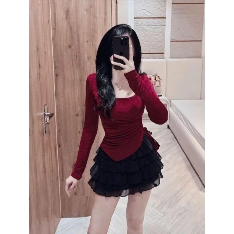 Áo thun tay dài vạt xéo rút dây chất gân tăm cho nữ - Top Women Nữ Dài Tay 1